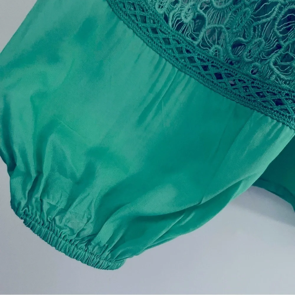 Anthro Blank London Boho Lace Yoke Peasant Blouse Emerald Green Embroidery